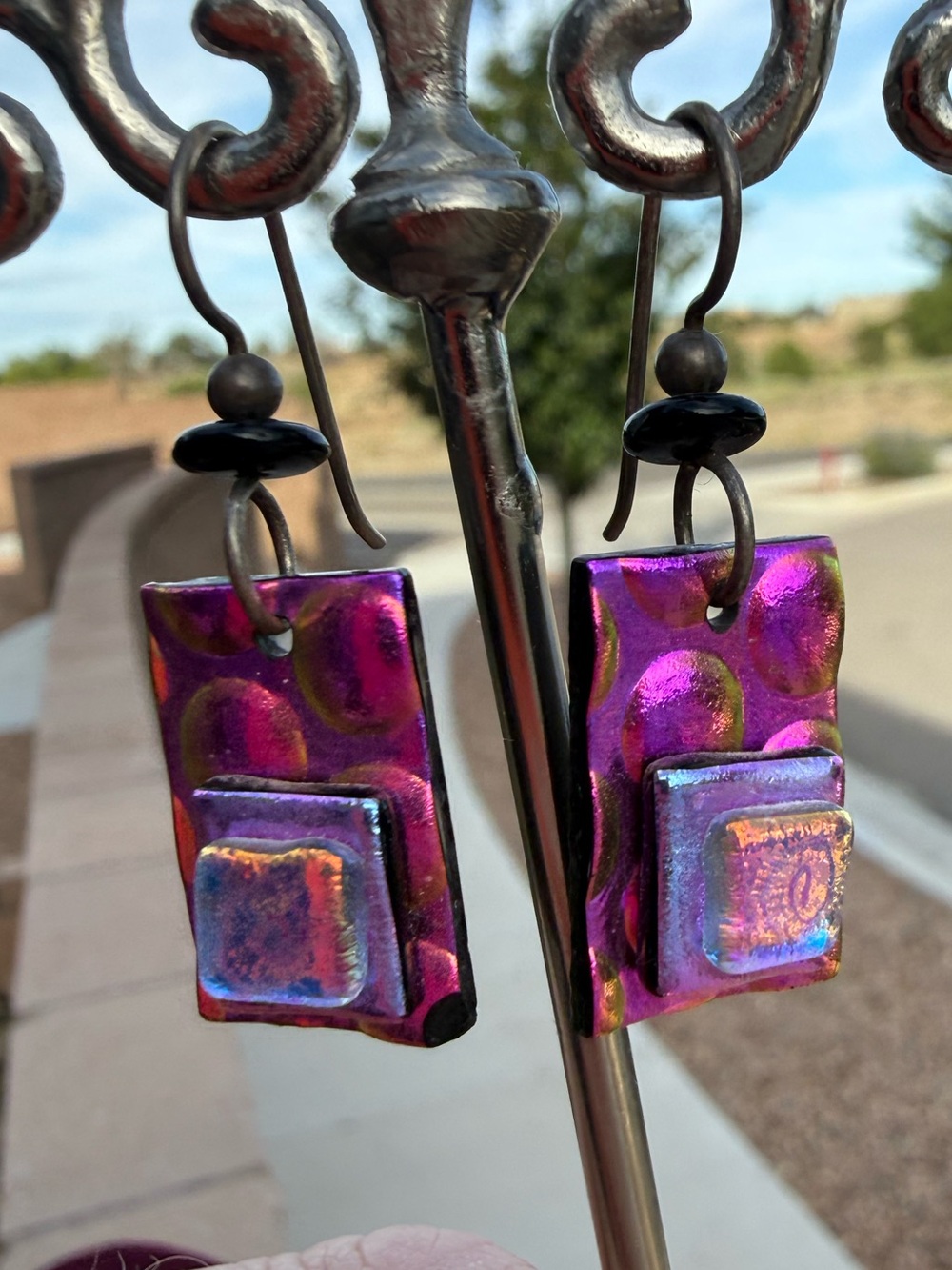 Iridescent Fused Glass Dangle Earrings Purple Dichroic Square Drop